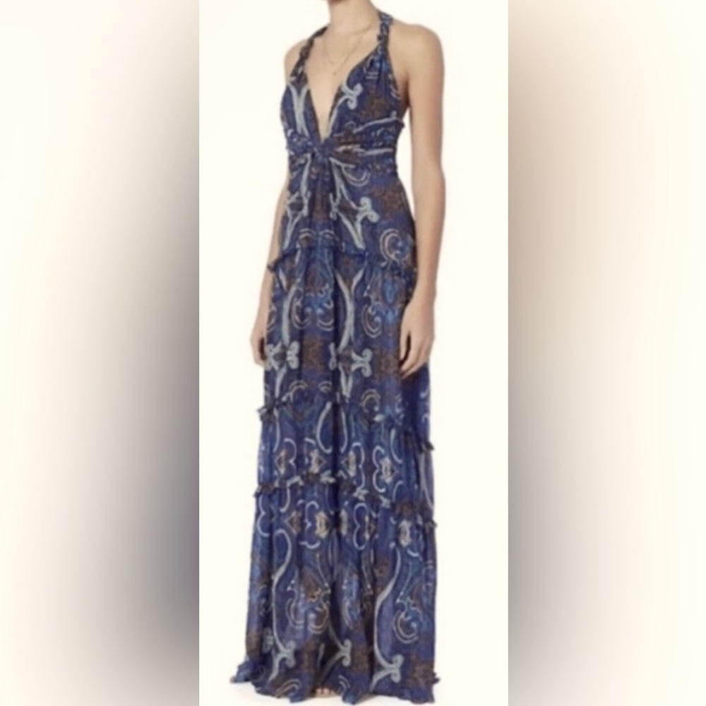 Intermix Women's Silk Navy Paisley Ruffle Tiered Twist Racerback Maxi Dress
